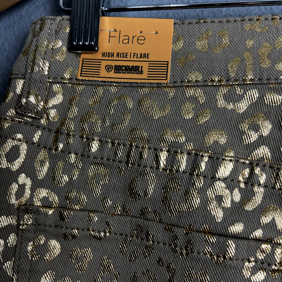 Rock & Roll Denim Ladies 30x30 Metallic Gold Cheetah High Rise Flare Disco Jeans - Picture 4 of 14
